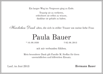 Traueranzeige von Paula Bauer von Pegnitz-Zeitung